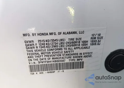 2019 Honda Pilot Ex-L z USA, uszkodzony, nr VIN 5FNYF5H41KB022387